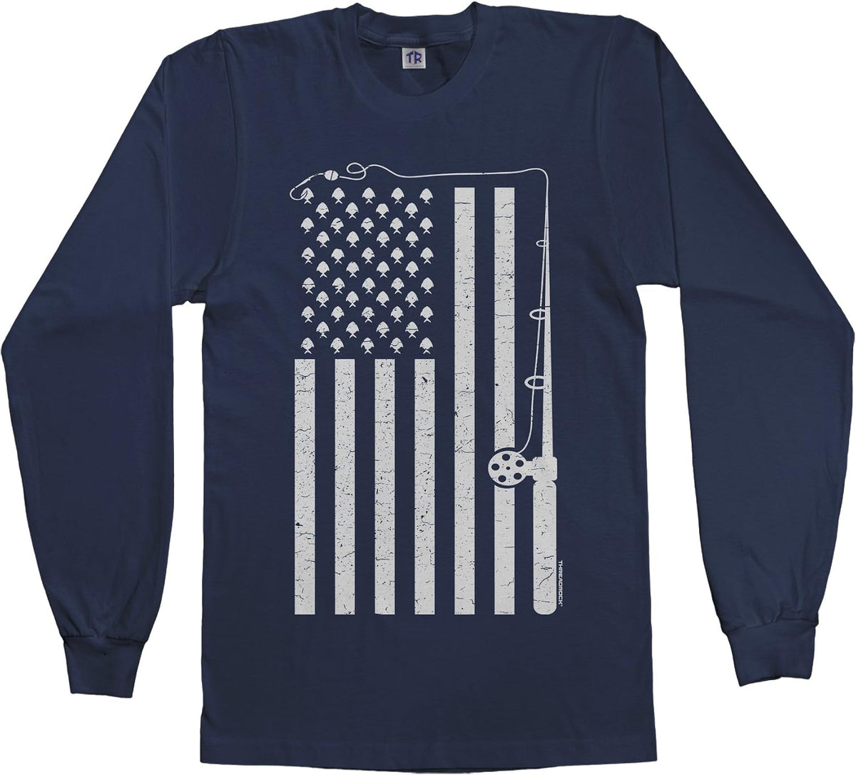 Threadrock Men's Fishing American Flag Long Sleeve T-Shirt - Navy