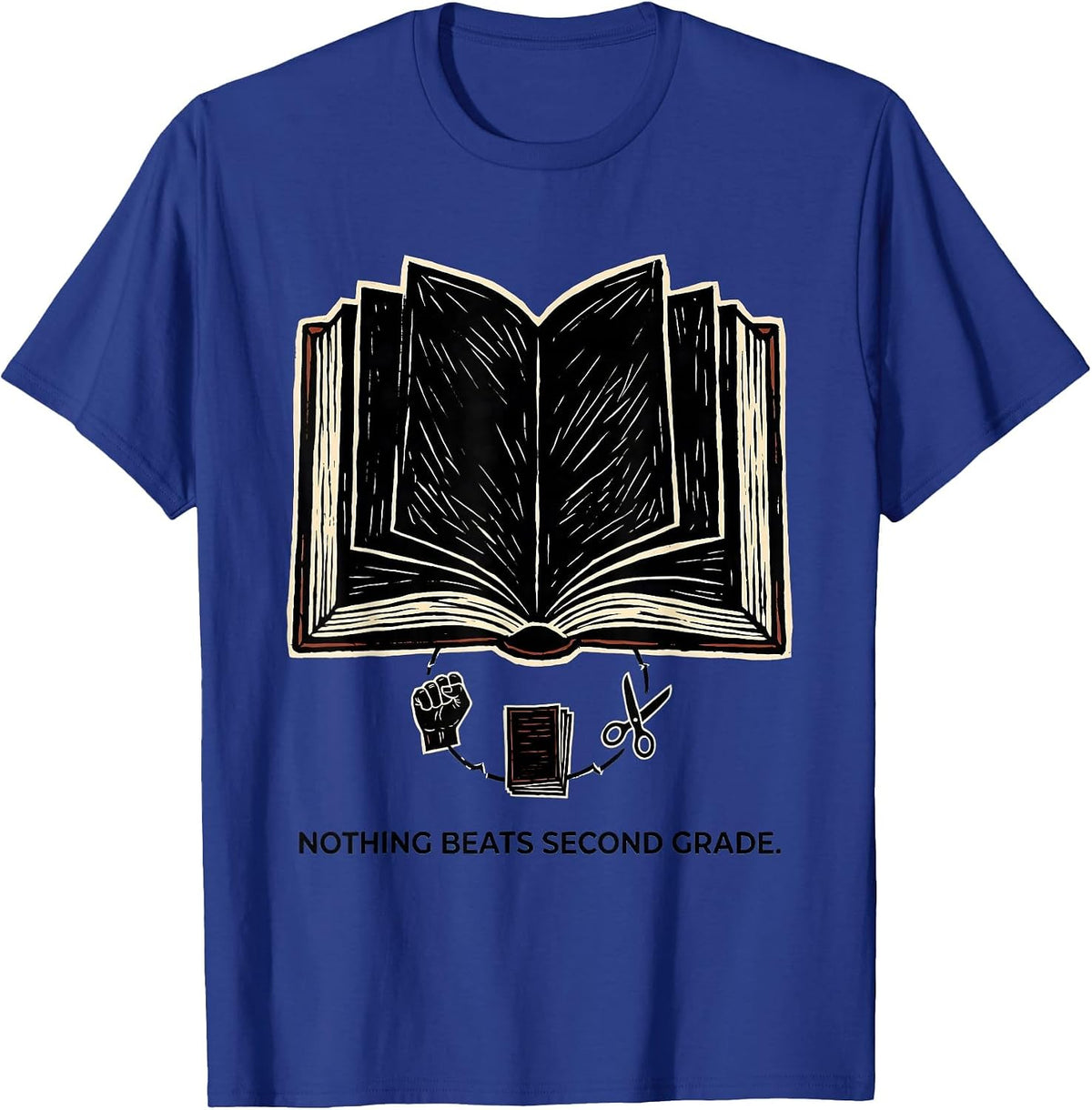 Nothing Beats Second Grade Linocut Back to School Rock Paper T-Shirt - Royal Blue