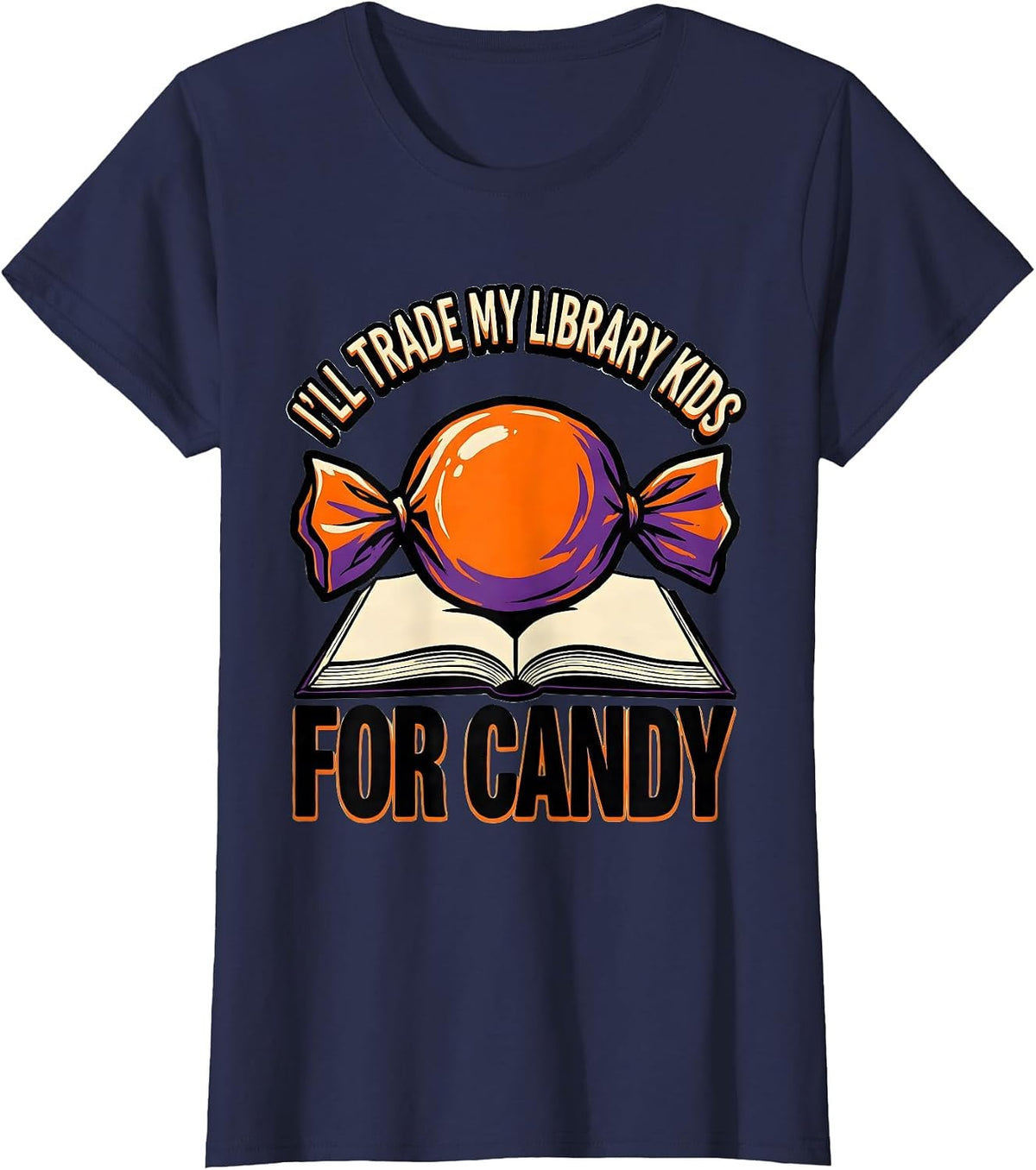 Women's I'll Trade My Library Kids For Candy Funny Teacher Halloween T-Shirt - Navy Blue