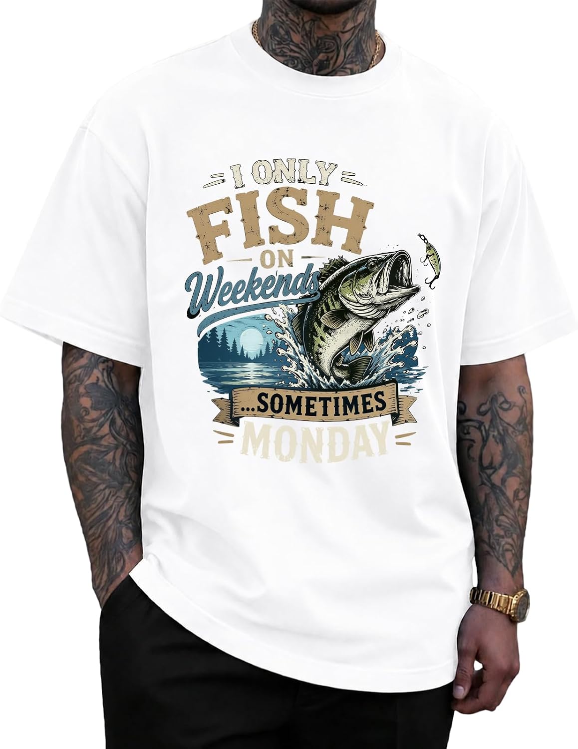 KUYIGO Men's Vintage Fishing Graphic T Shirt 100% Cotton Causal Tee - B2-white