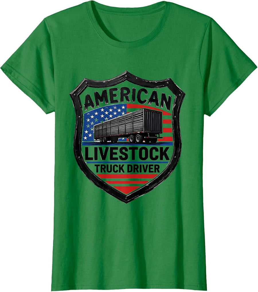 Women's American Livestock Truck Driver Patriotic Semi Truck Driver T-Shirt - Kelly Green