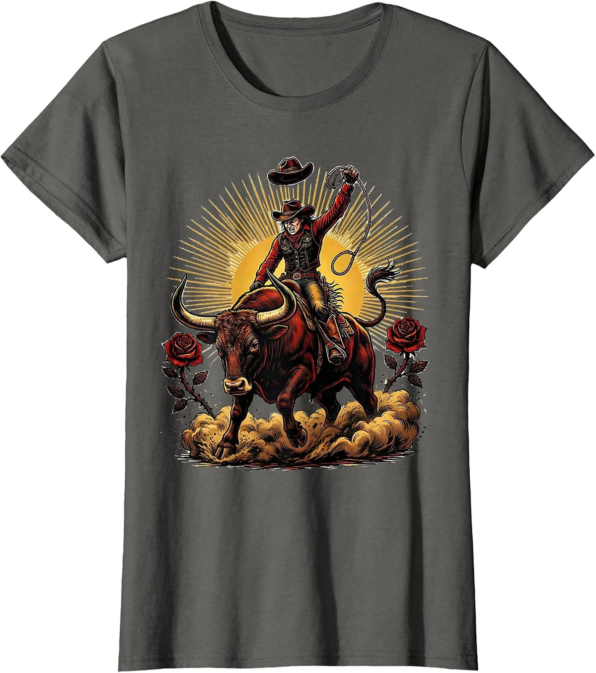 Women's Cowgirl Bull Rider Rodeo Arena Graphic T-Shirt - Asphalt Grey