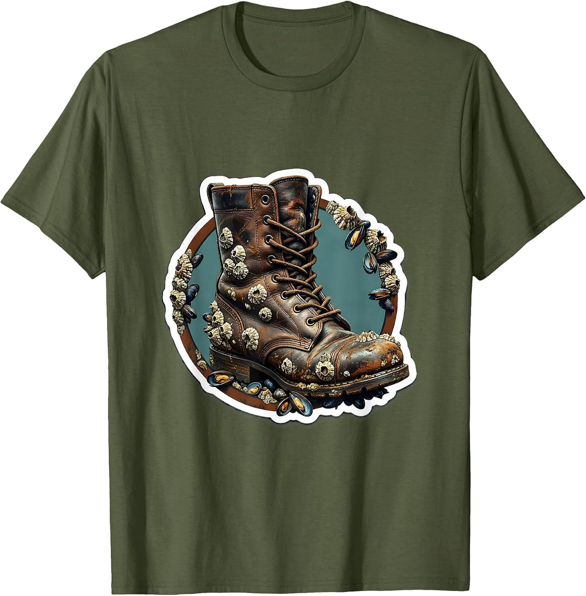 Salty Old Sailor Boot Barnacle Illustration T-Shirt - Olive Green