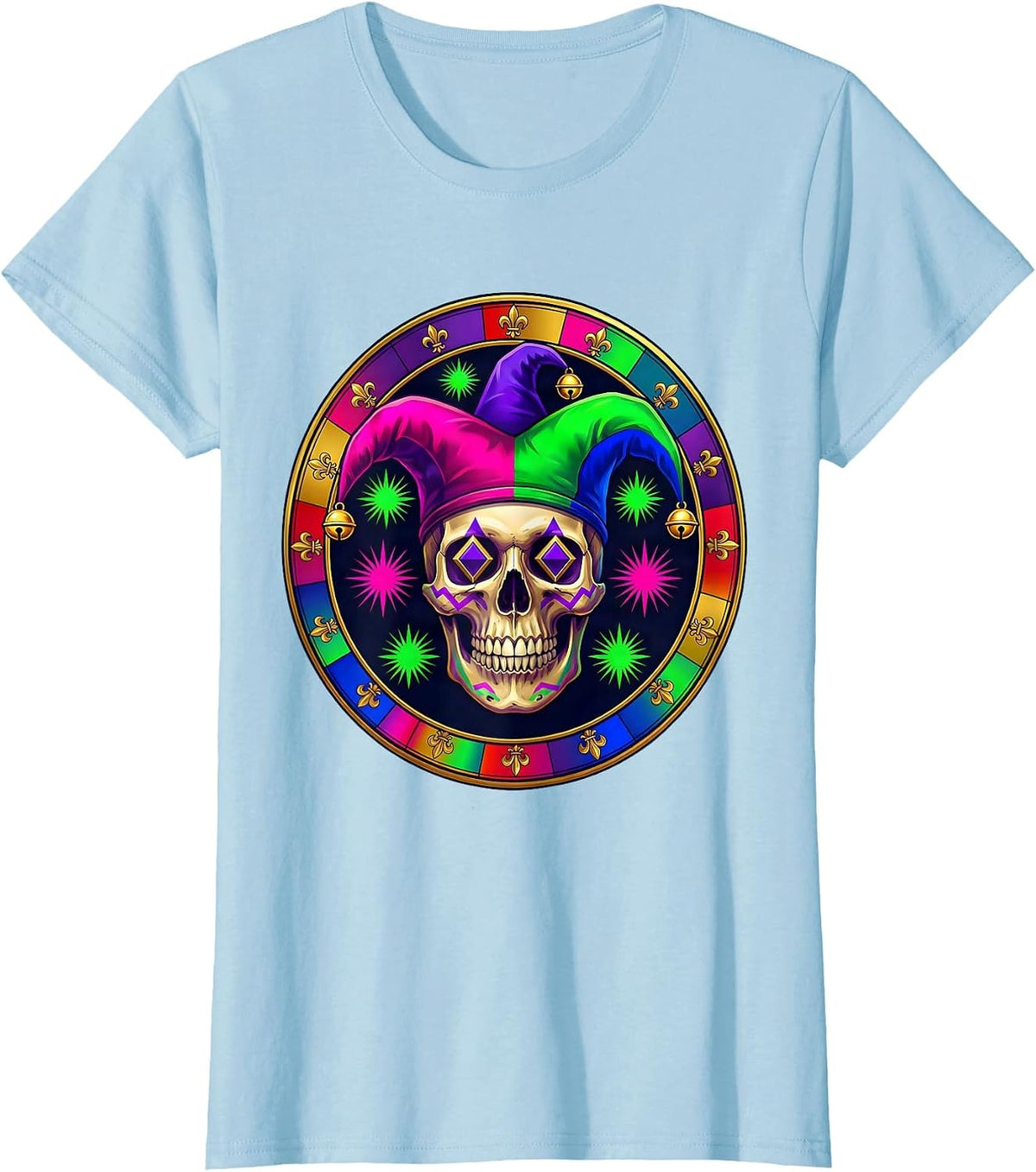 Women's Mardi Gras Jester Skull Three-Pointed Bell Hat T-Shirt - Baby Blue