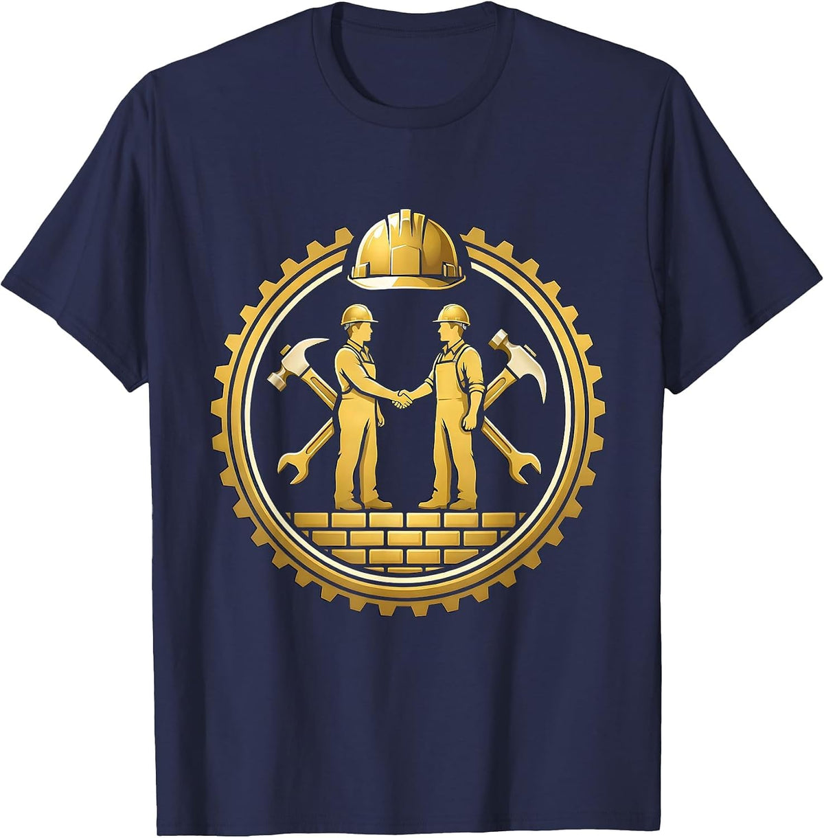 Workers Handshake Over Foundation Graphic Tee T-Shirt - Navy Blue
