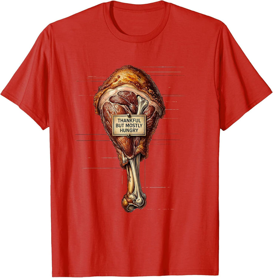 Men's Thankful But Mostly Hungry Funny Thanksgiving T-Shirt - Red