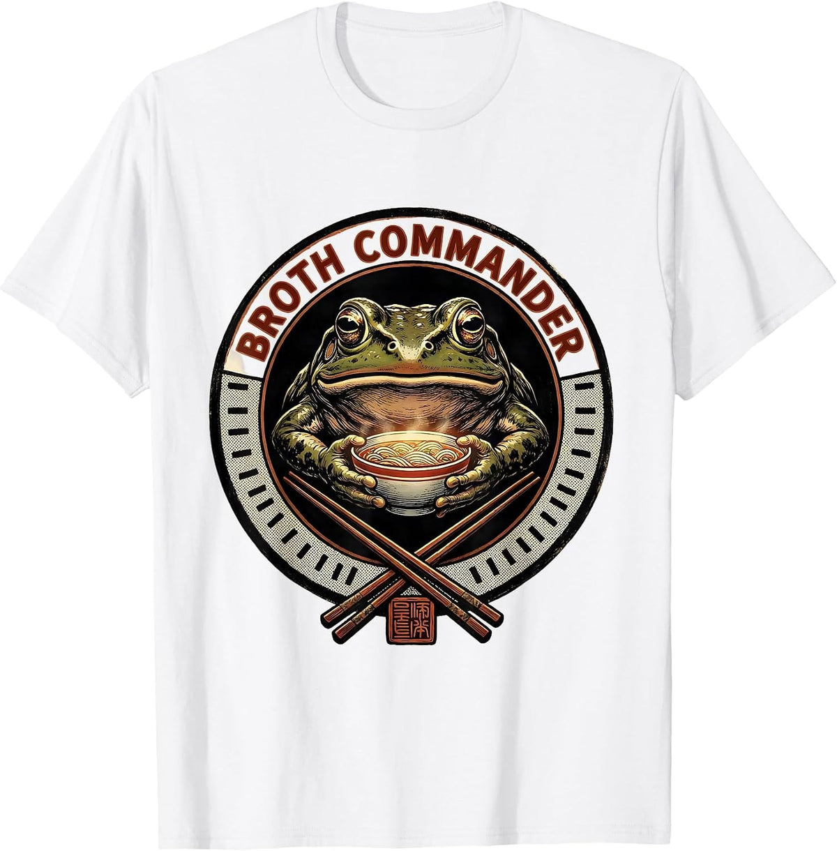 Men's Broth Commander Grumpy Frog Ukiyo-e Ramen Humor Anime Art T-Shirt - White