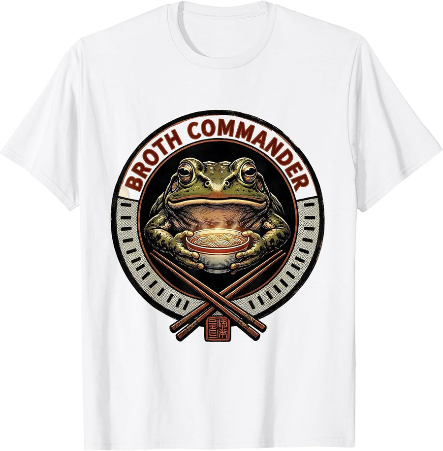 Men's Broth Commander Grumpy Frog Ukiyo-e Ramen Humor Anime Art T-Shirt - White