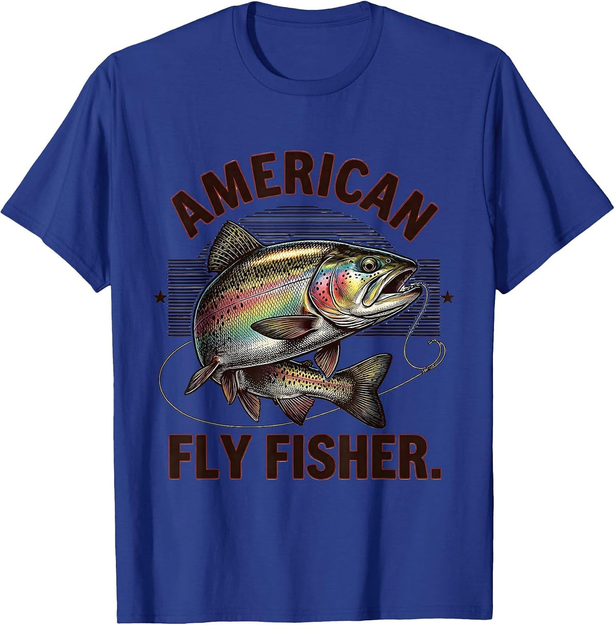 Men's American Fly Fisher Vintage Engraved Trout Patriotic Camo T-Shirt - Royal Blue