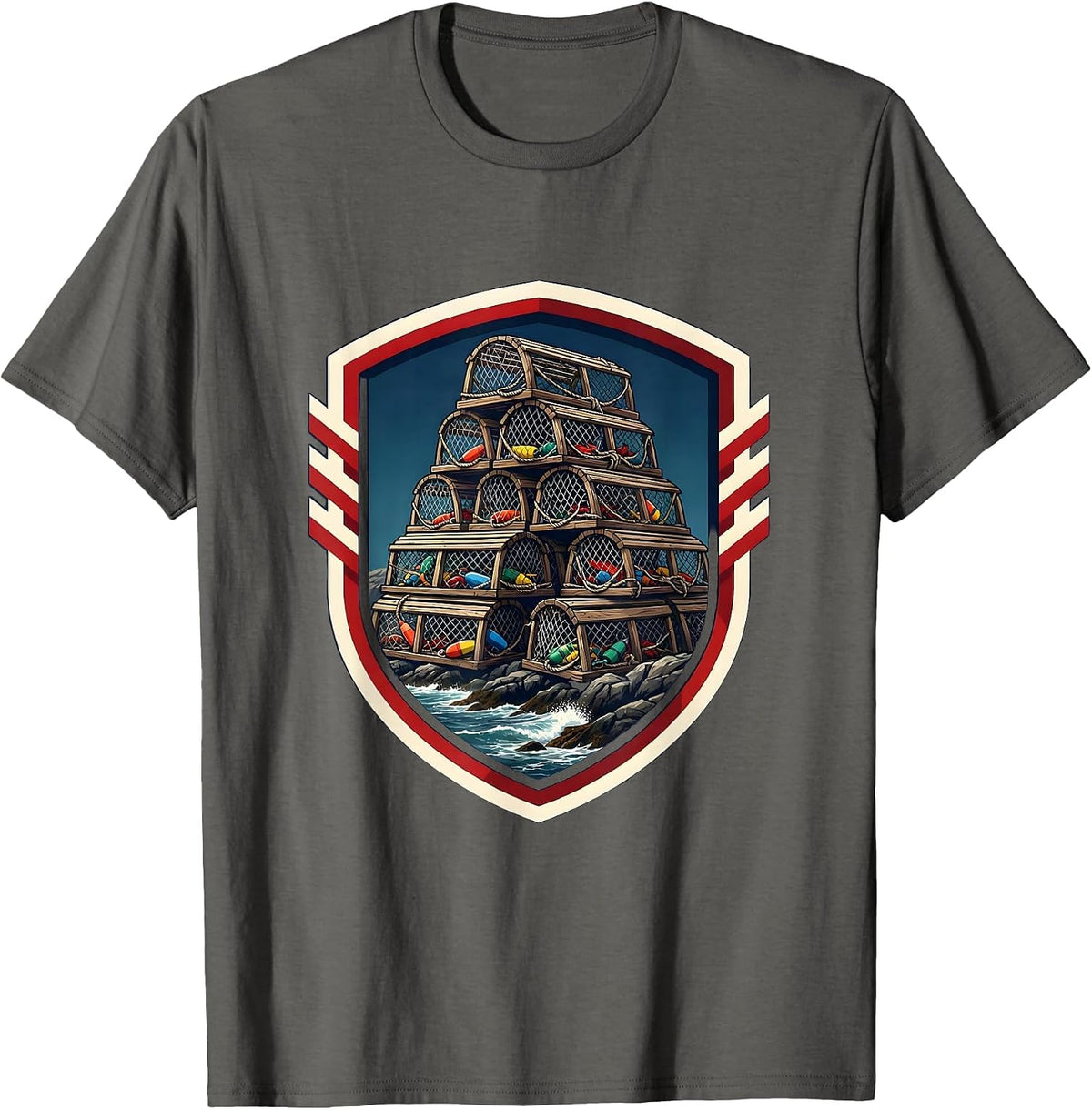 Lobster Trap Rocky Shore East Coast Graphic T-Shirt - Asphalt Grey