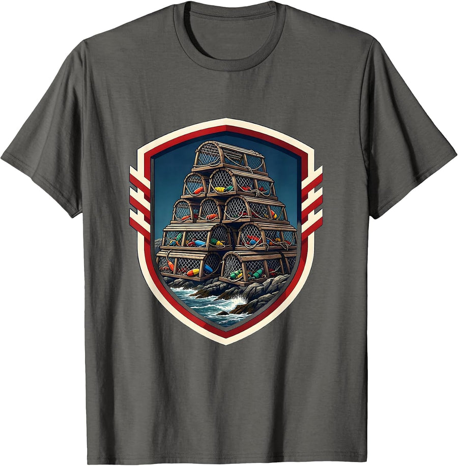 Lobster Trap Rocky Shore East Coast Graphic T-Shirt - Asphalt Grey