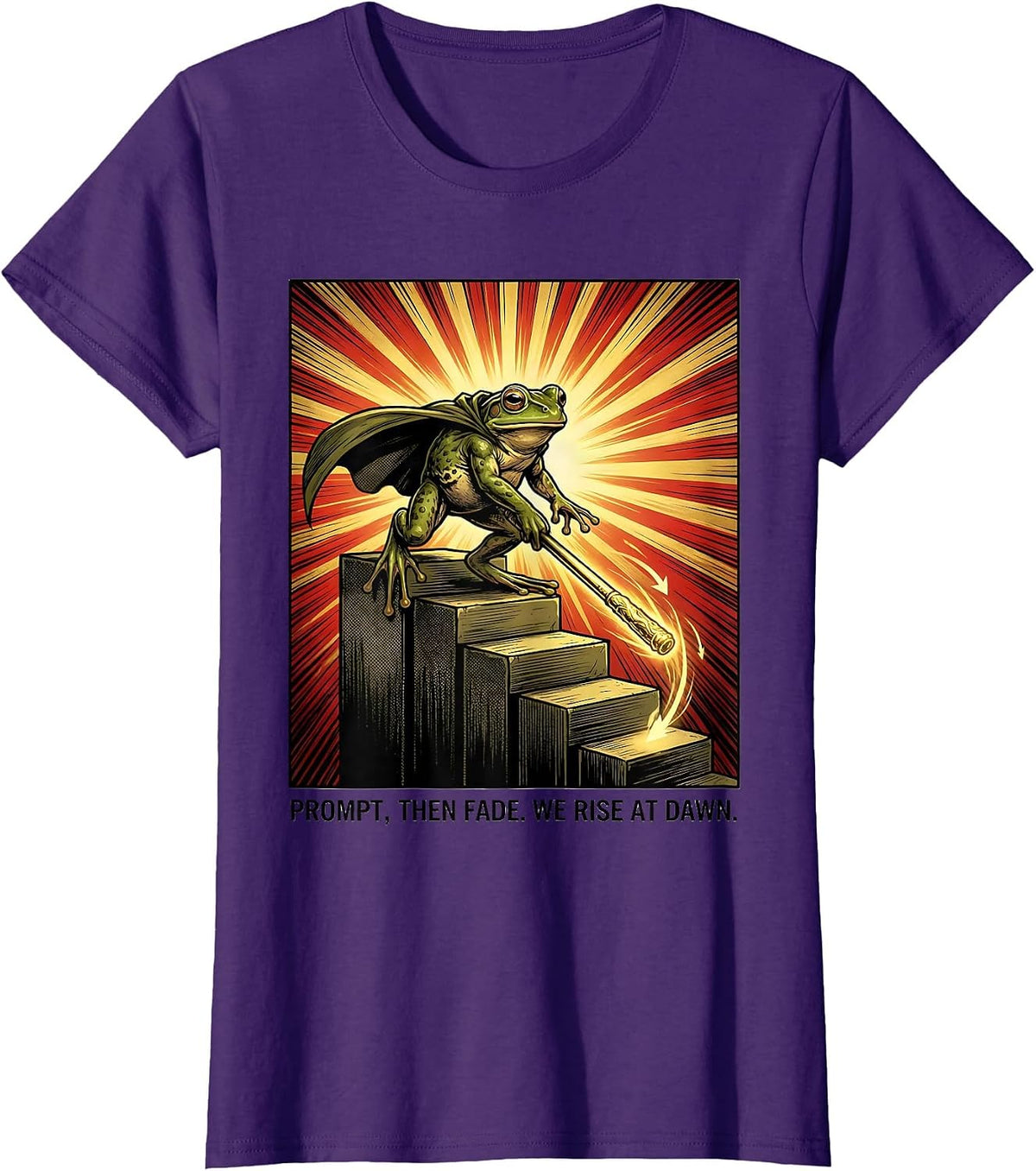 Women's Prompt, Then Fade. We Rise At Dawn Comic Book Frog Teacher T-Shirt - Purple