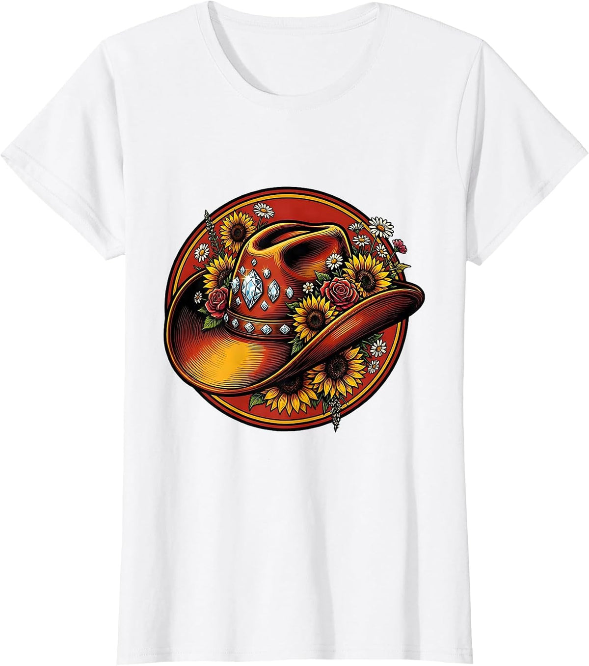 Rhinestone Cowgirl Hat Wildflowers Rodeo Graphic T-Shirt - White