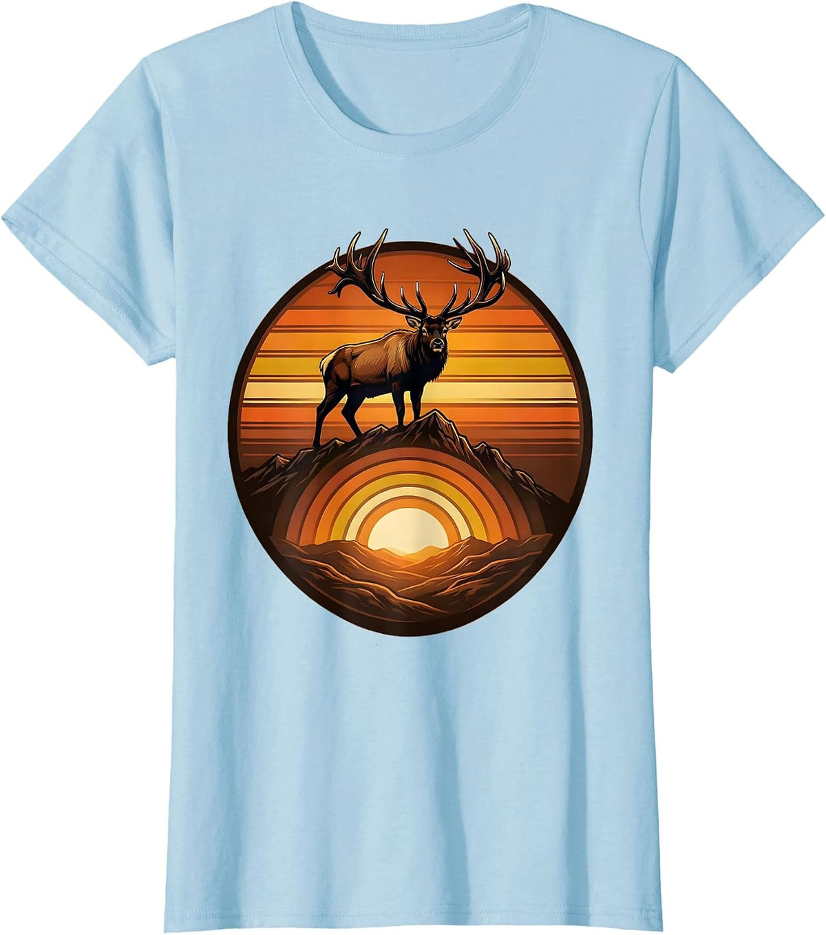 Elk Bugling on Misty Mountain Ridge Fall Design T-Shirt - Baby Blue