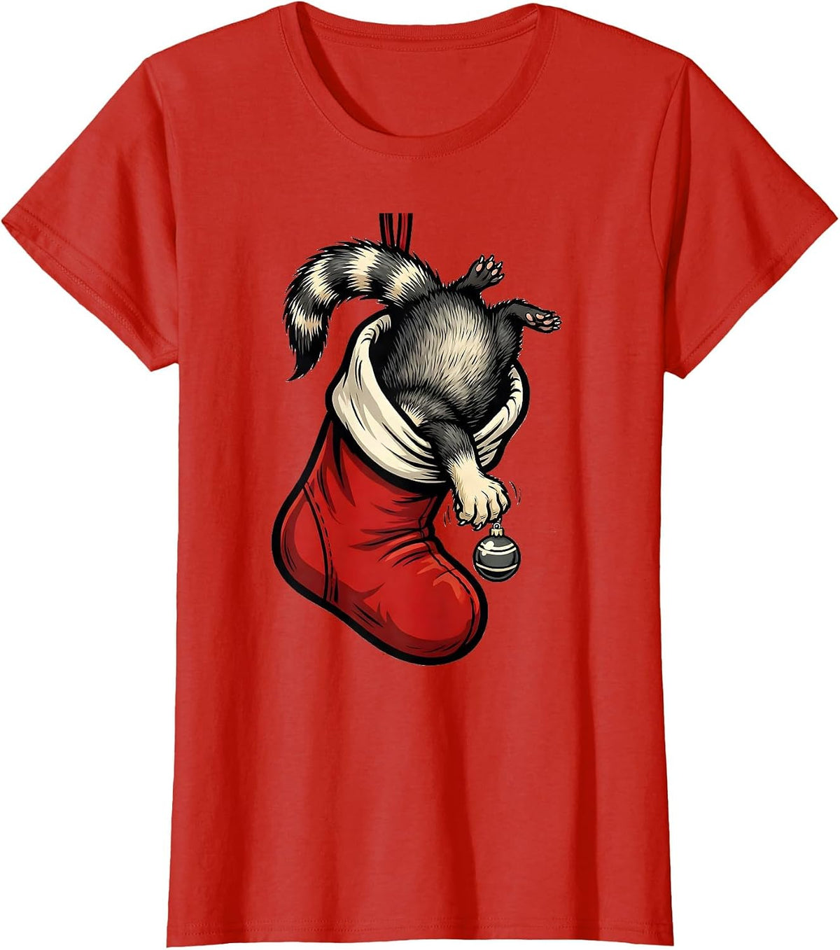 Masked Ferret In Stocking Cartoon Ferret Lover Humor T-Shirt - Red