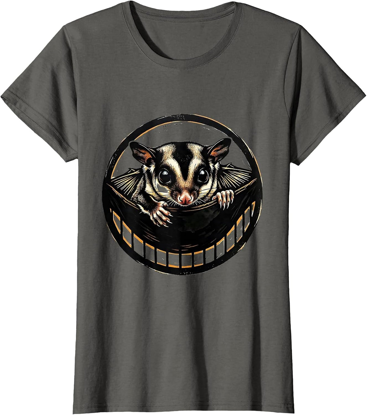 Women's Sugar Glider Bonding Pouch Linocut Pet Owner Humor T-Shirt - Asphalt Grey