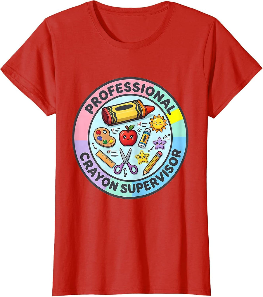 Women's Professional Crayon Supervisor Preschool Teacher T-Shirt - Red