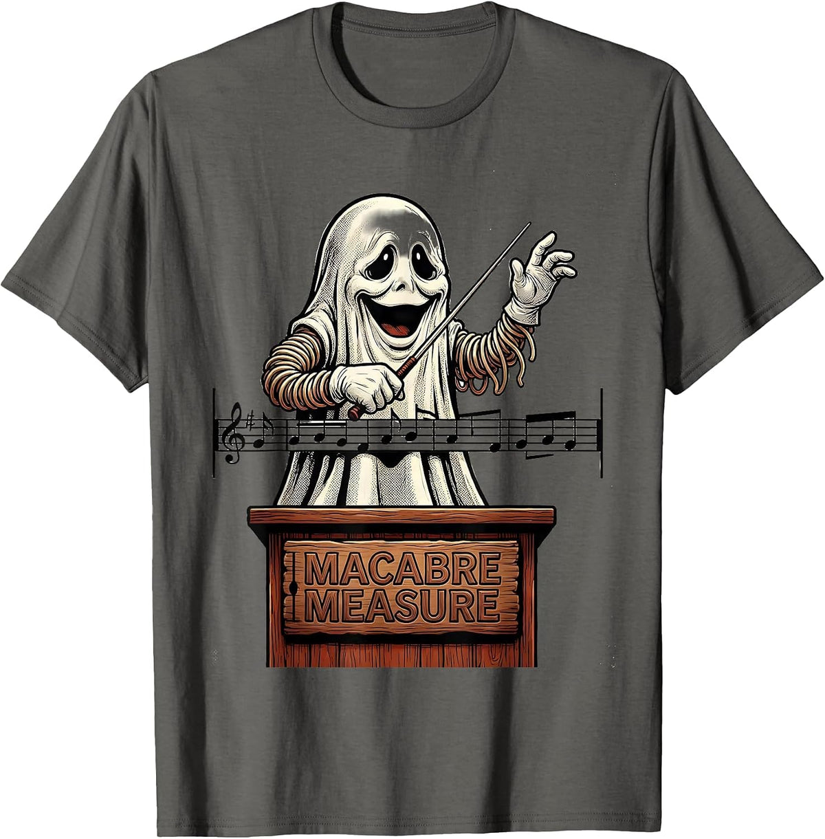 Men's Macabre Measure Retro Cartoon Ghost Music Teacher Halloween T-Shirt - Asphalt Grey