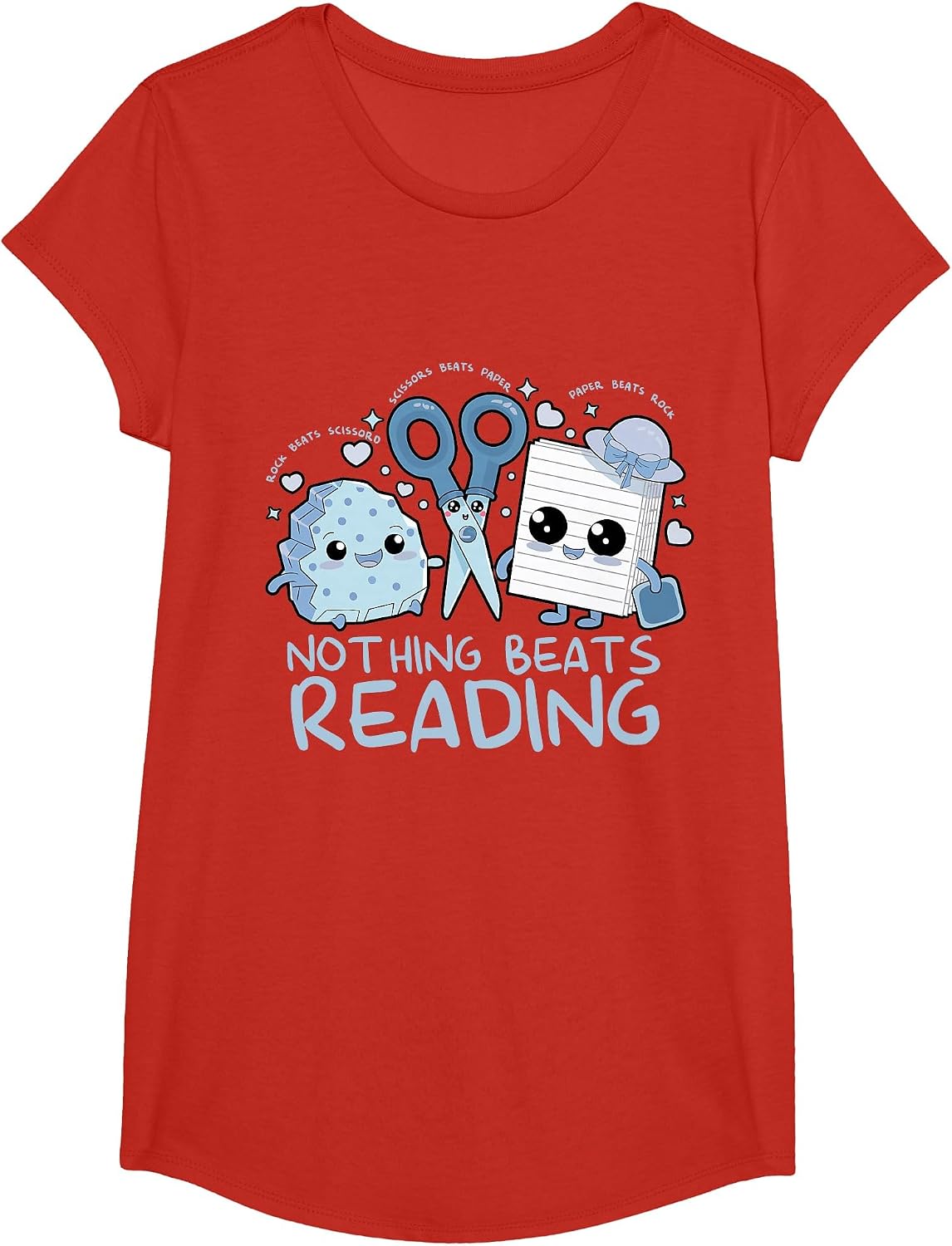 Rock Paper Scissors Nothing Beats Reading Book Lover T-Shirt - Girls Red