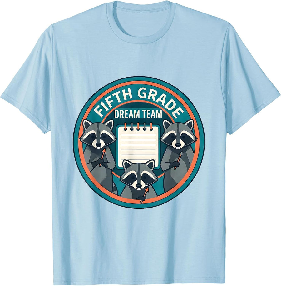 Men's Fifth Grade Dream Team Back to School Raccoon Teacher Staff T-Shirt - Baby Blue