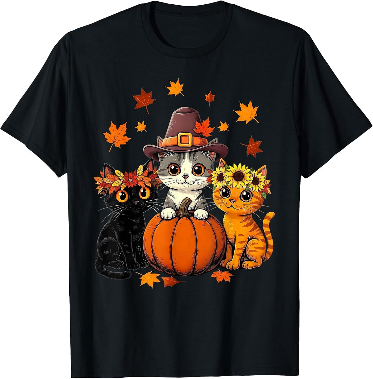 Thanksgiving Kittens Pumpkin Cute Fall Cats Lover Men Women T-Shirt - Black