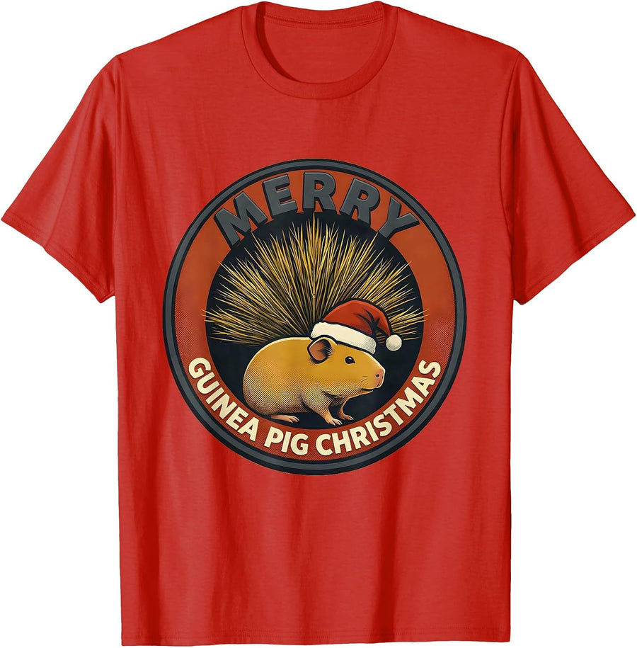 Men's Merry Guinea Pig Christmas Midcentury Modern Pet Lover Humor T-Shirt - Red