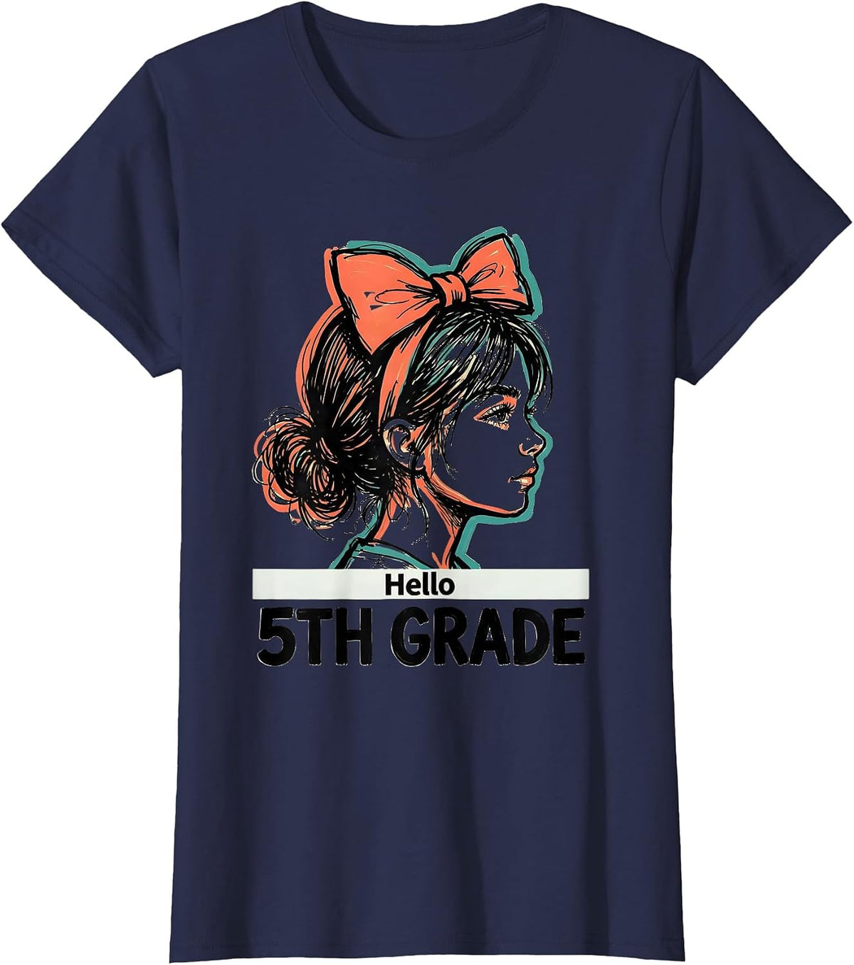 Women's Hello 5th Grade Messy Bun Back To School Grade Level T-Shirt - Navy Blue