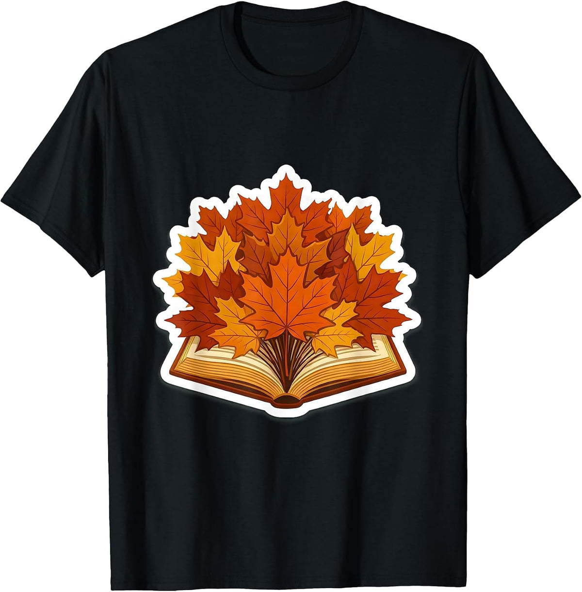 Men's Teacher Fall Open Book Maple Leaves Autumn Design T-Shirt - Black