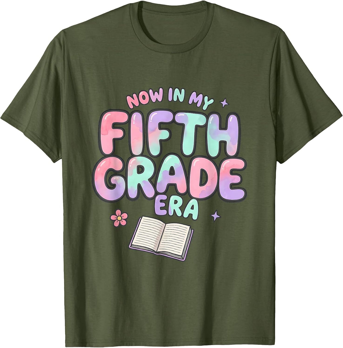 Now In My Fifth Grade Era Kawaii Tie Dye Back to School T-Shirt - Olive Green