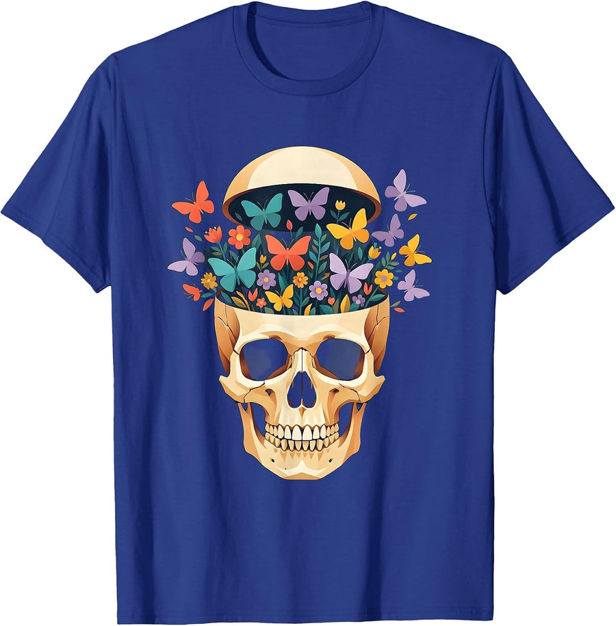 Colorful Butterfly Mind Open Skull Garden Art T-Shirt - Royal Blue