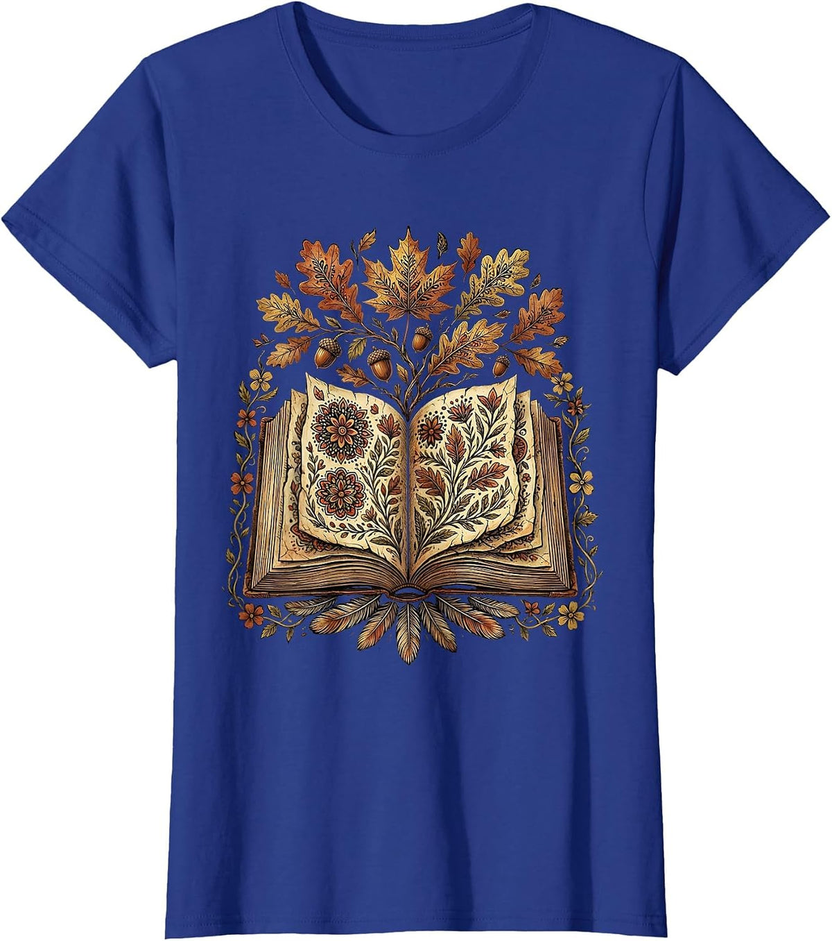 Women's Teacher Fall Open Book Leaves Illustration T-Shirt - Royal Blue