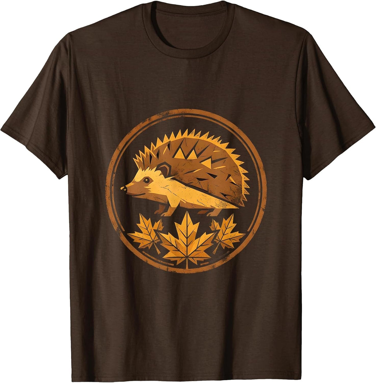 Men's Hedgehog in Autumn Leaves Fall Illustration T-Shirt - Brown