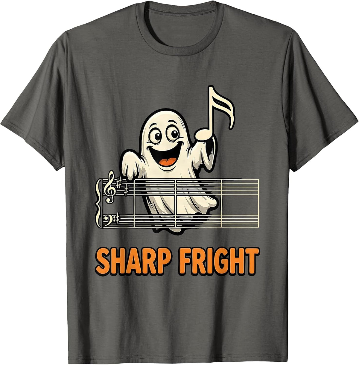 Men's Sharp Fright Cartoon Ghost Music Teacher Halloween Humor T-Shirt - Asphalt Grey