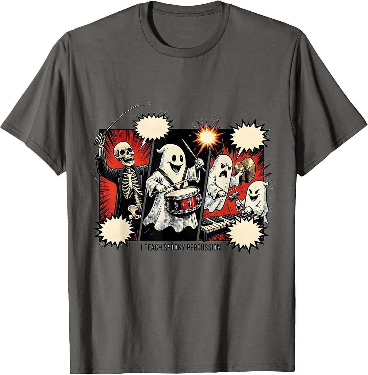 Men's I Teach Spooky Percussion Comic Book Halloween Music Teacher T-Shirt - Asphalt Grey