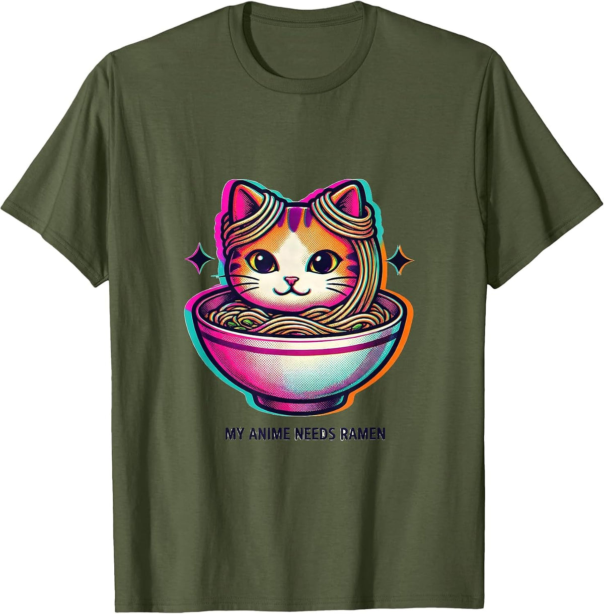 Men's My Anime Needs Ramen Funny Kawaii Anime Cat Gift T-Shirt - Olive Green