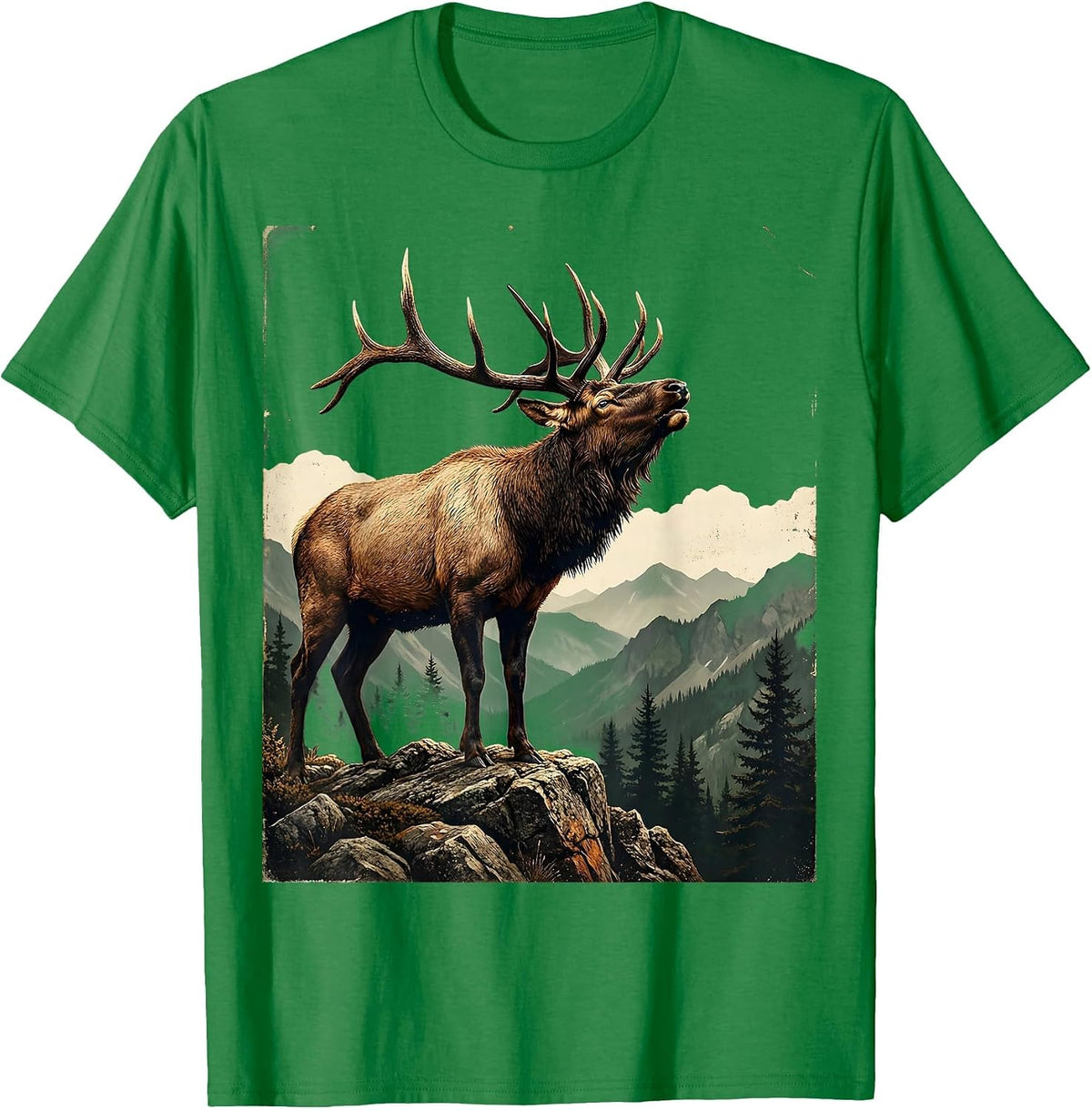 Men's Elk Bugling on Rocky Mountain Ridge T-Shirt - Kelly Green