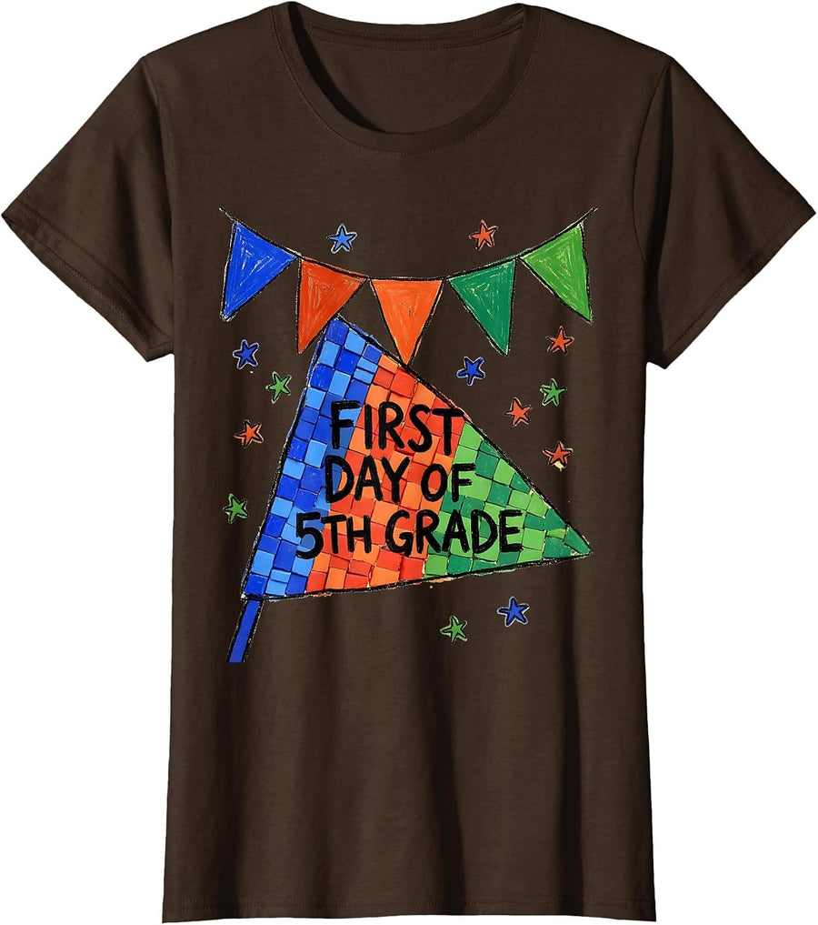 Women's First Day of 5th Grade Naive Kidcore Back to School Pennant T-Shirt - Brown