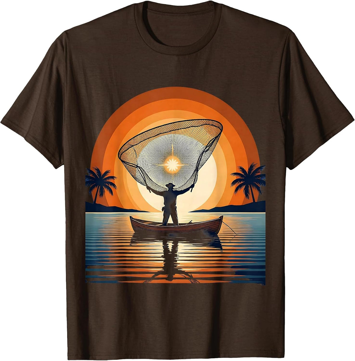 Men's Puerto Rico Fisherman Sunset Casting Net Art T-Shirt - Brown