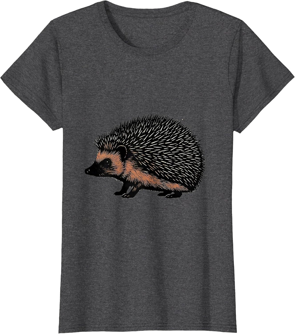 Women's Compact Side-Profile Hedgehog Linocut Minimalist Line Art T-Shirt - Dark Heather Grey