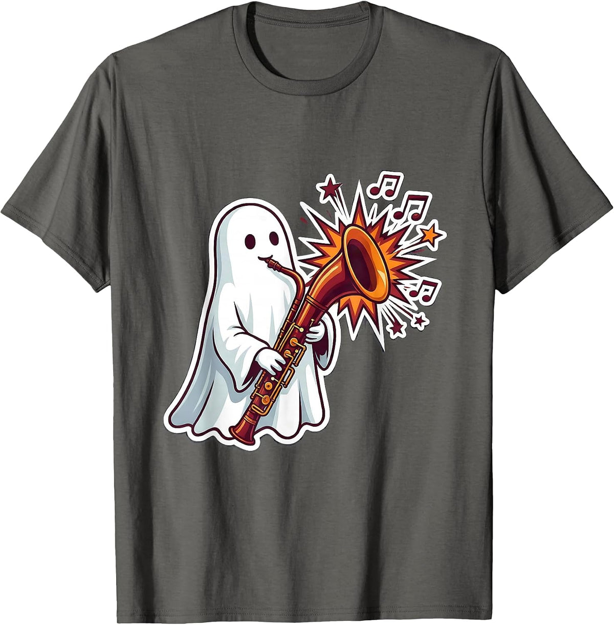 Sheet Ghost Bassoon Sticker Style Music Teacher Halloween T-Shirt - Asphalt Grey