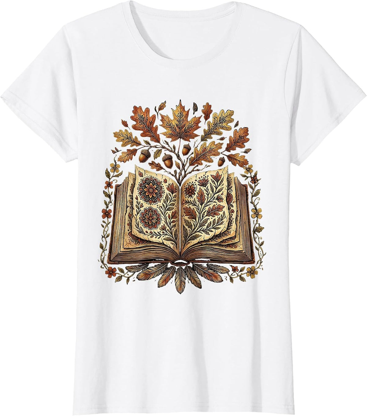 Women's Teacher Fall Open Book Leaves Illustration T-Shirt - White
