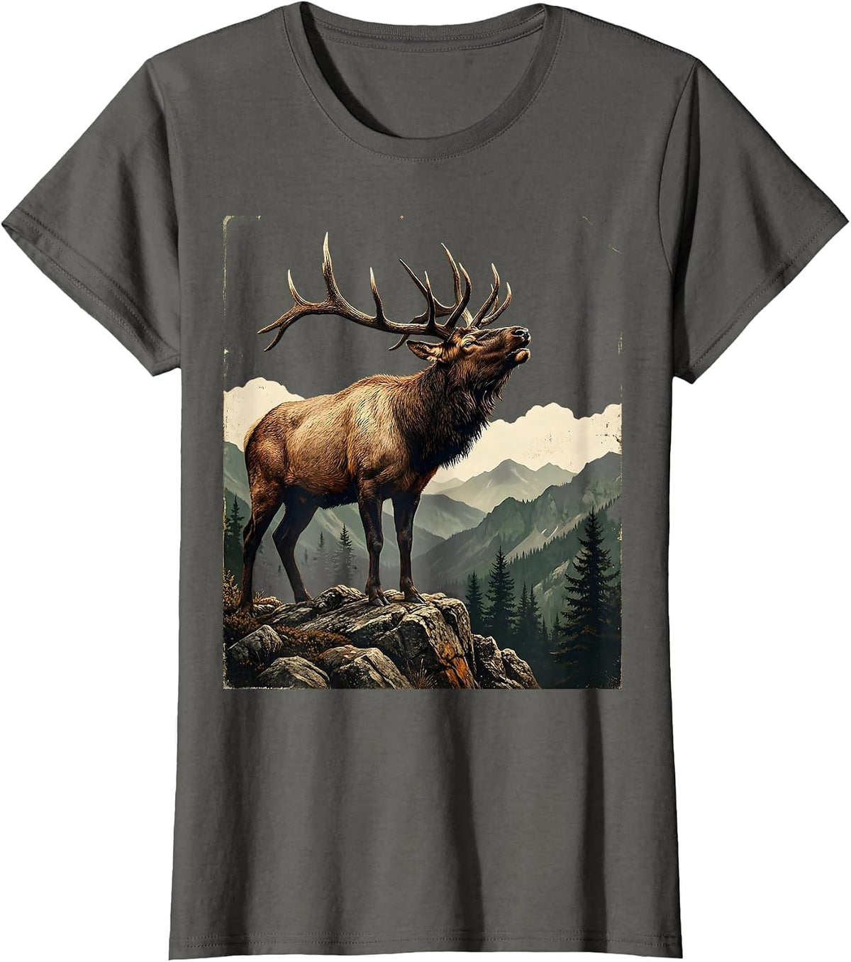 Women's Elk Bugling on Rocky Mountain Ridge T-Shirt - Asphalt Grey