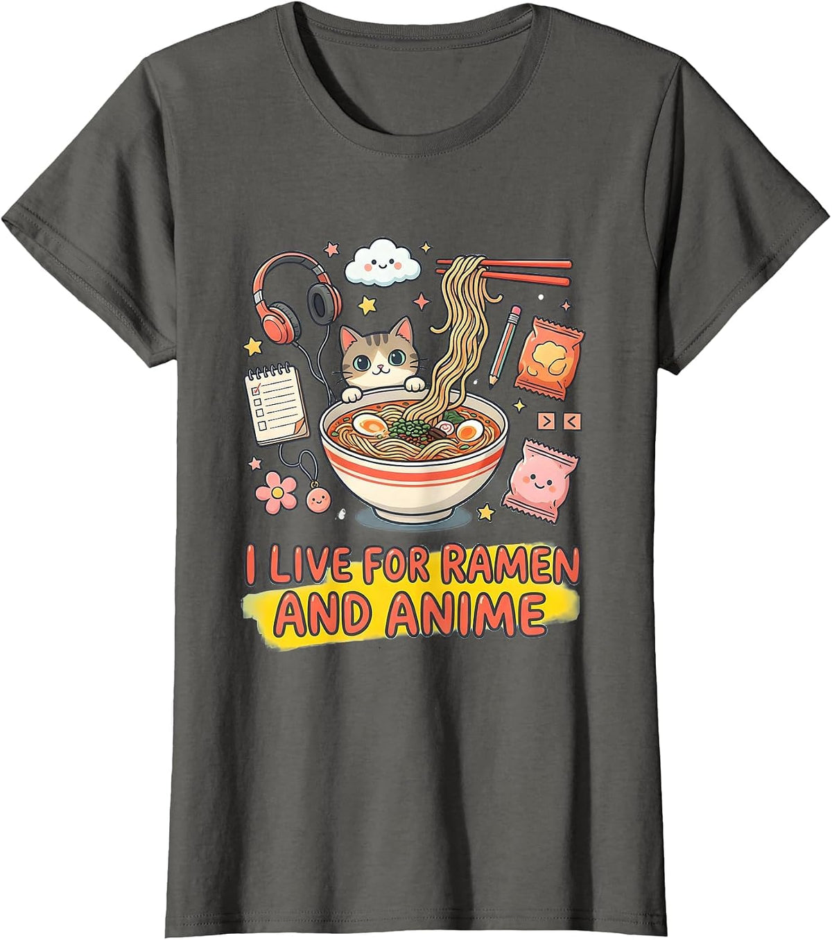 Women's I Live For Ramen And Anime Kawaii Cat Anime Gift T-Shirt - Asphalt Grey