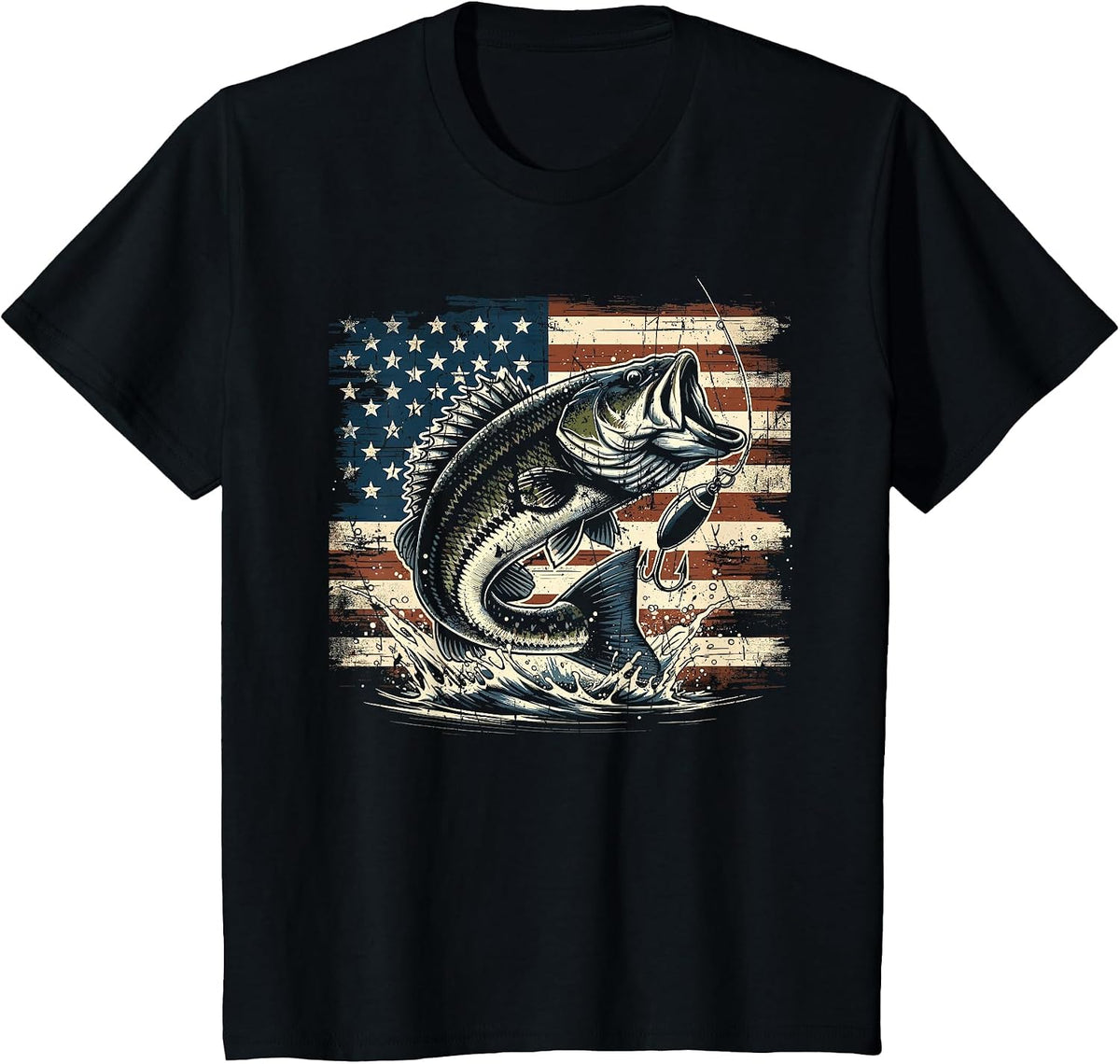 Fishing US American Flag Bass Fish Fisherman T-Shirt - Black