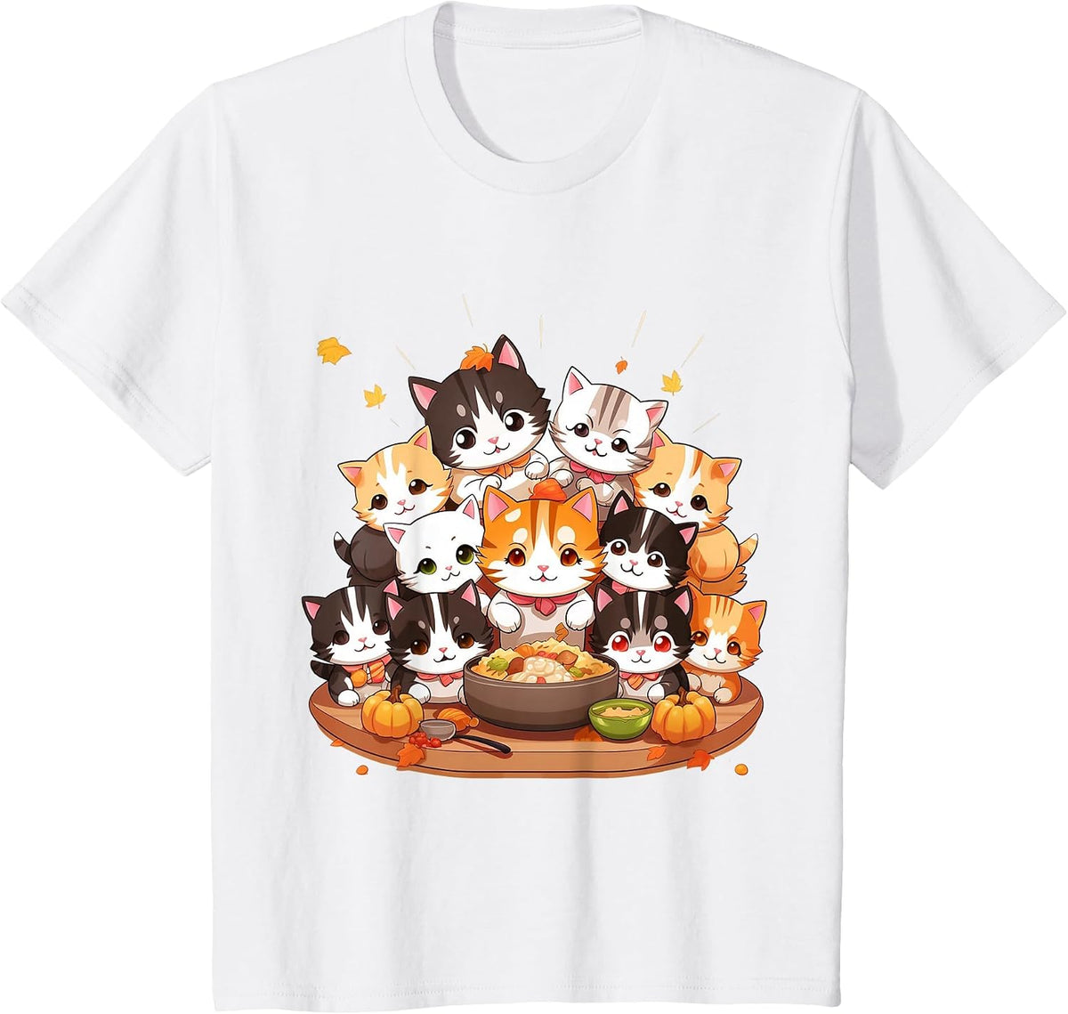 Cute Funny Cats Celebrating Thanksgiving Autumn Dinner T-Shirt - White
