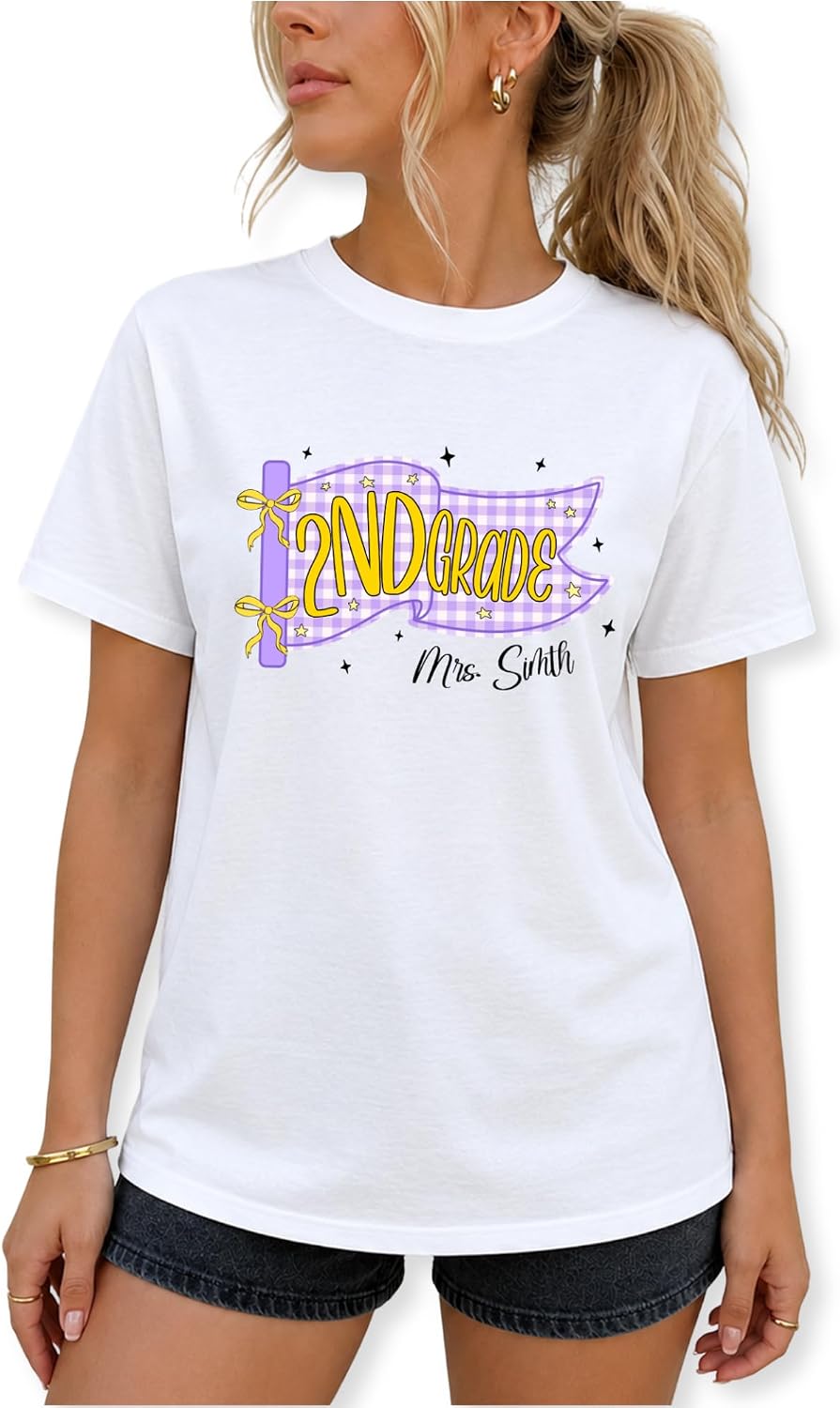 Custom Teacher T-Shirt, Grade & Name Pennant Flag Tee - Second Grade