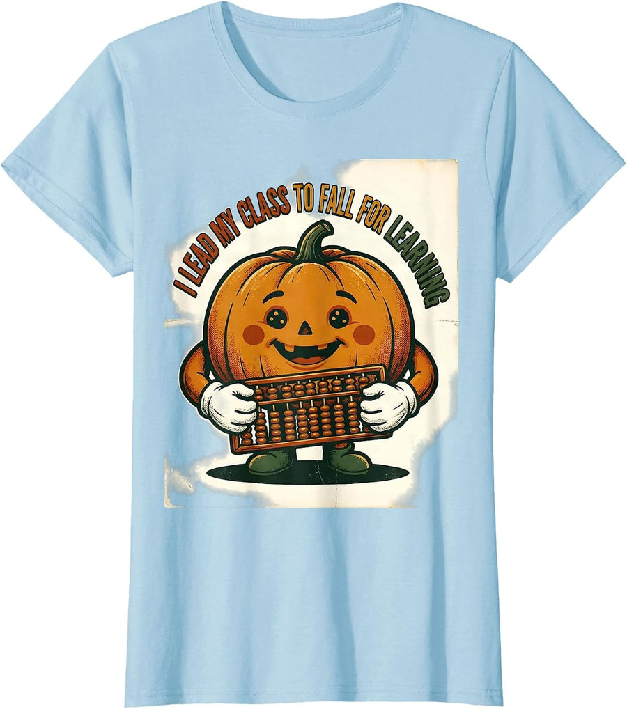 Women's I Lead My Class To Fall For Learning Vintage Teacher Pumpkin T-Shirt - Baby Blue
