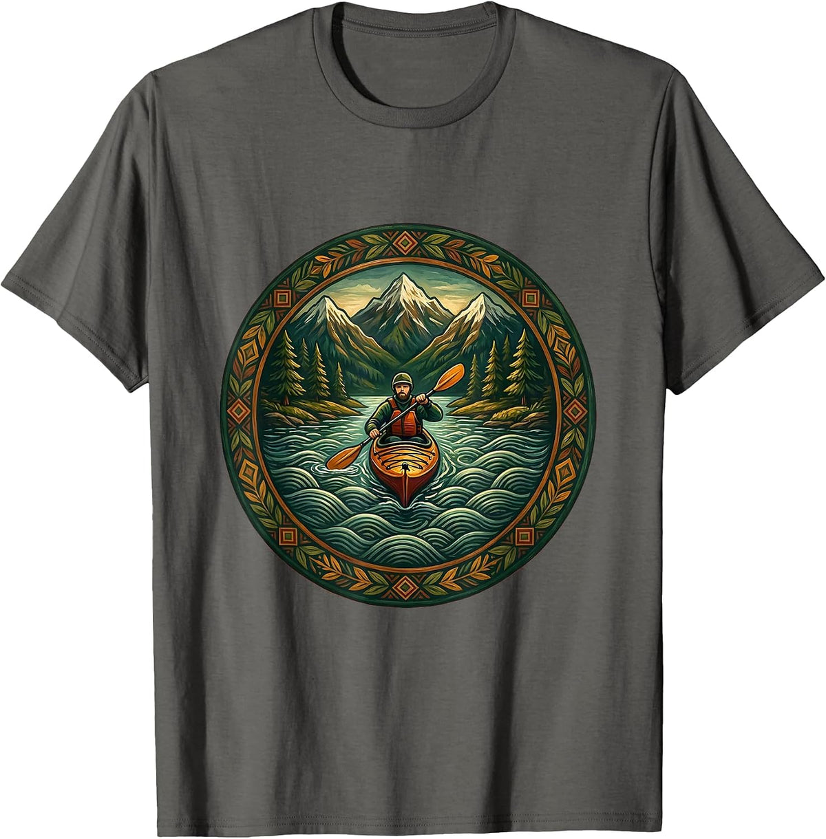 Kayak Fishing Mountain Scenery Graphic T-Shirt - Asphalt Grey