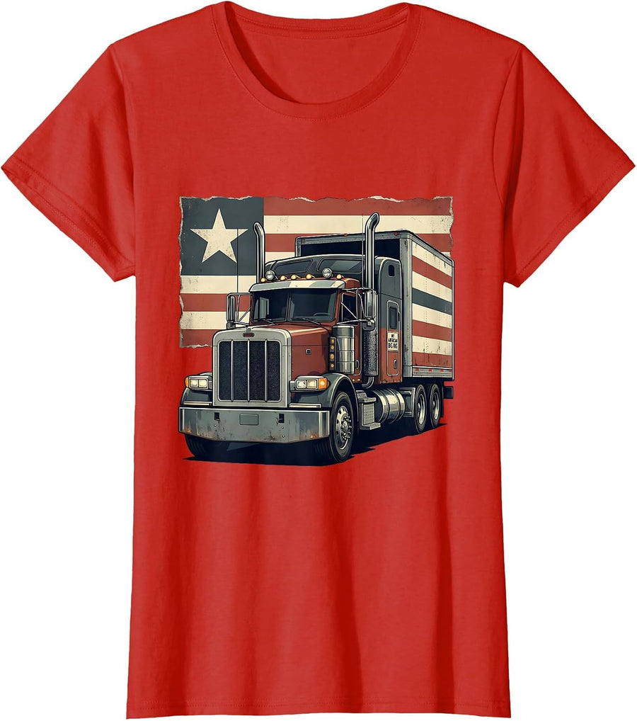 Women's My American Big Rig Patriotic Trucker Semi Truck Driver Gift T-Shirt - Red