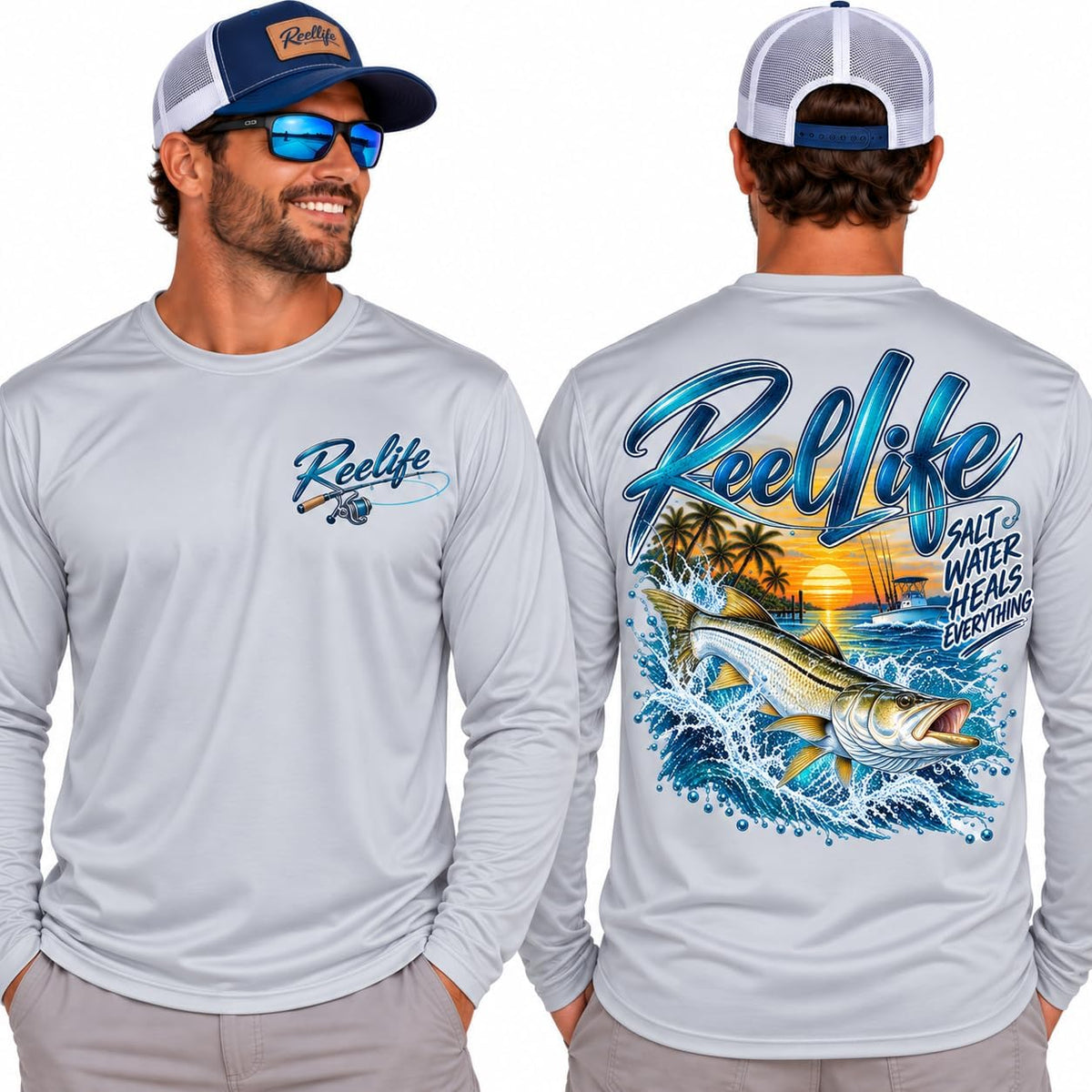 Reel Life SnookFishing Long Sleeve Tee | Ocean Sunset Beach Graphic - Silver